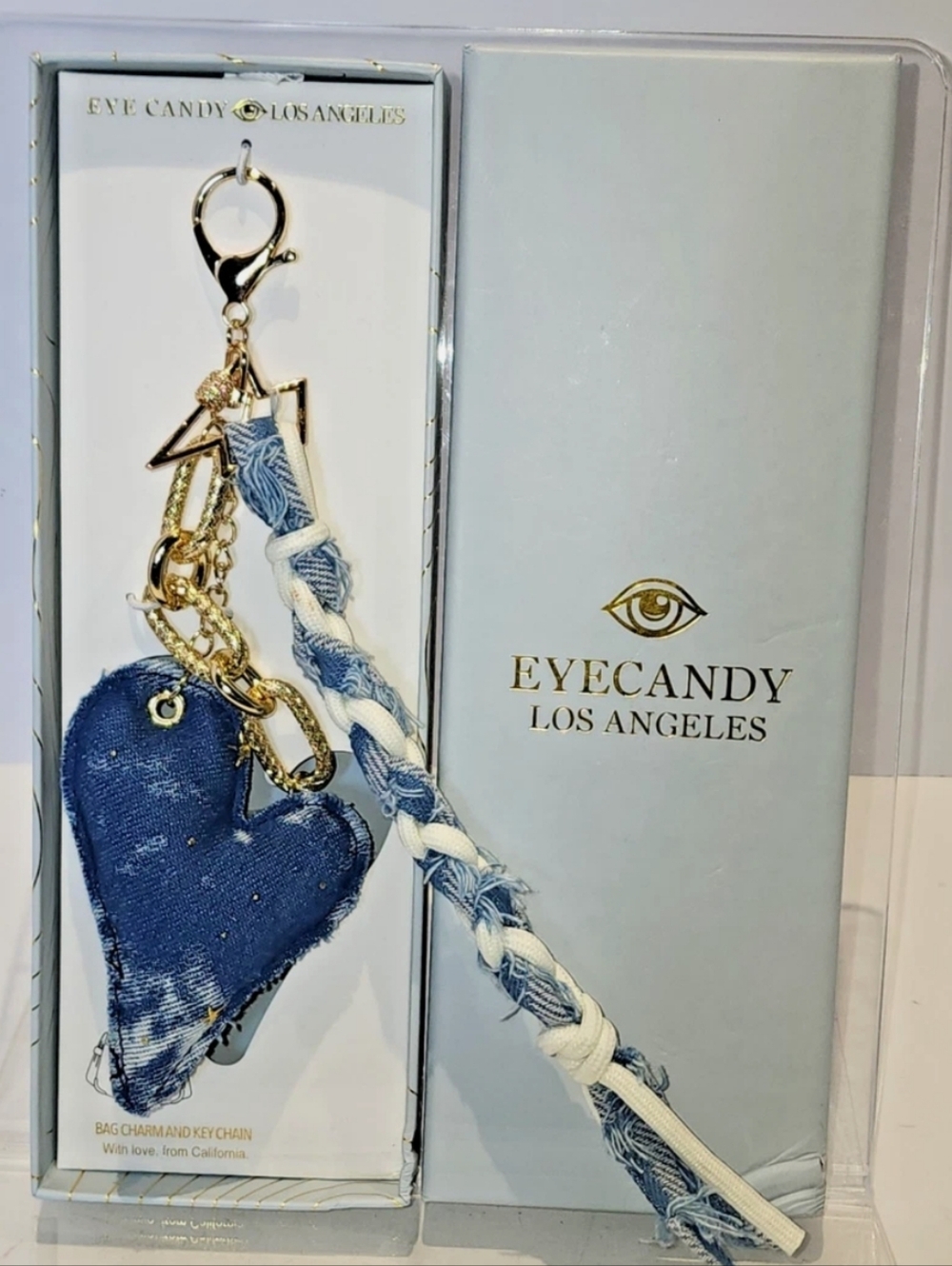 NIB EyeCandy Los Angeles Blue Heart Denim Keychain